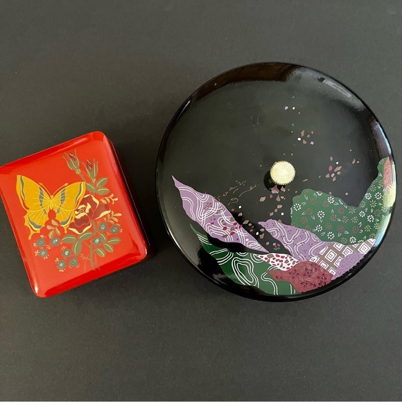 Vintage Lacquer Jewelry Trinket Boxes Burgundy Red Black Butterflies Mod Set 2x - Picture 1 of 16